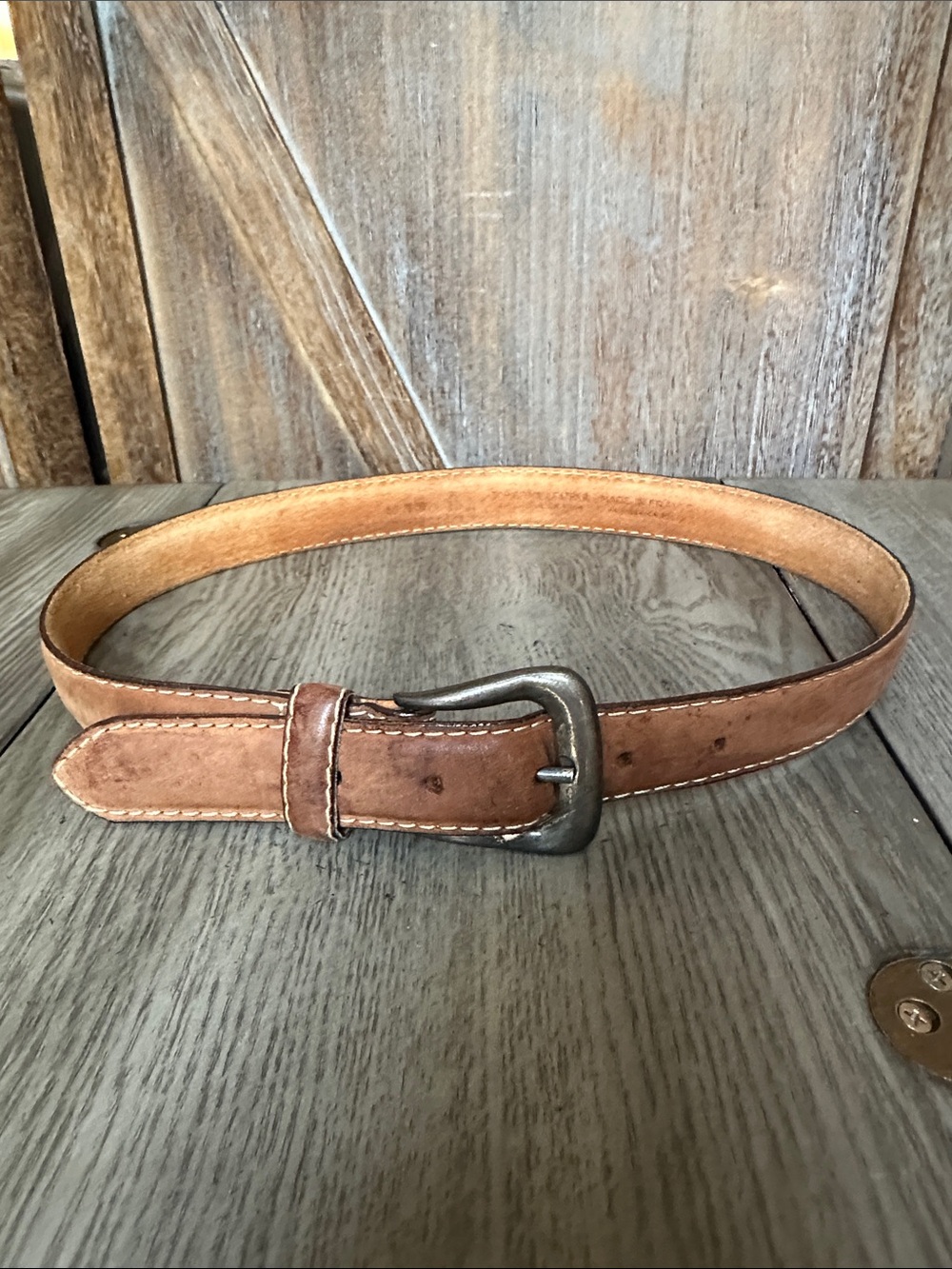 Patagonia Vintage Tan Brown Leather Men's Belt with Metal Buckle Made in France